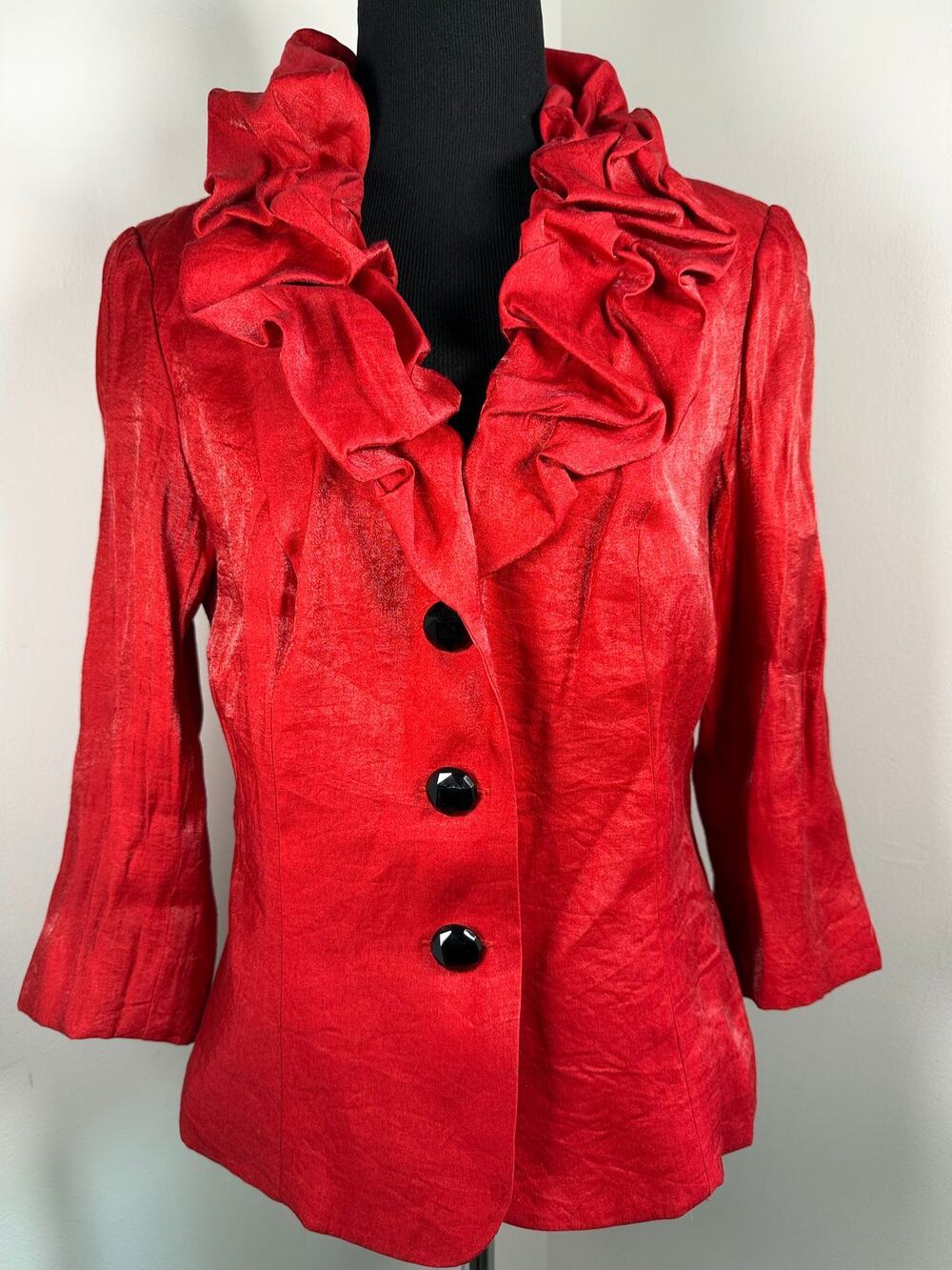 André Oliver Red Ruffle Collar Shimmer Jacket Blazer Size 6 Y2K Partycore - Picture 1 of 5